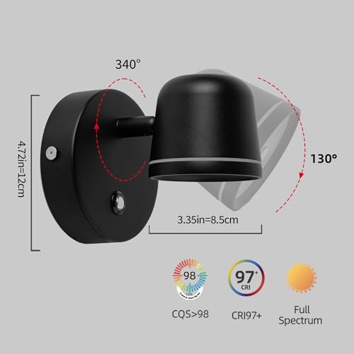Image of Aisilan Wall Sconce Set of 2, Hardwired Touch Dimmable Wall Light with 3 Color Temperatures, Adjustable 7W LED Wall Lamp CRI97, Modern Black Aluminum Sconce for Bedroom Bedside Hallway