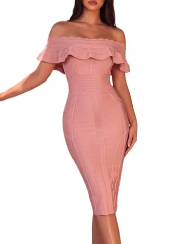 Image of Off Shoulder Bandage Dresses for Women Wedding Guest Party Midi Formal Gowns Evening Dress