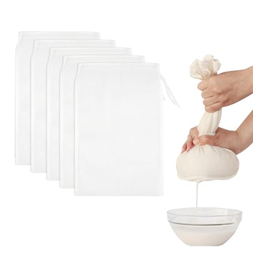 WUSJCOF Sacos de 5 peças reutilizáveis de malha fina nylon, orgânicos e laváveis com cordão, legumes, coador de tecido, pano de filtro, peneirar sumo, chá, leite de nozes, tofu (20 × 30 cm)