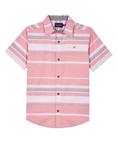 Calvin Klein Boys' Short Sleeve Button Up Woven Shirt, Coral, 6