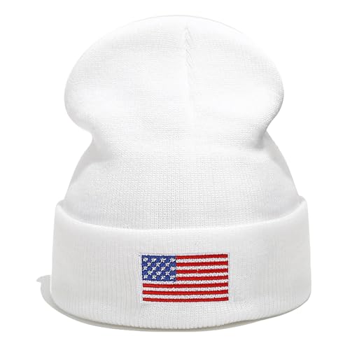 Tijeyi Cool American Flag Beanie Hats for Women Embroidery White Warm Knit Beanie Hat for Men USA Flag Soft Slouchy Winter Hat Fashion Cuffed Ski Hats Unisex Accessories