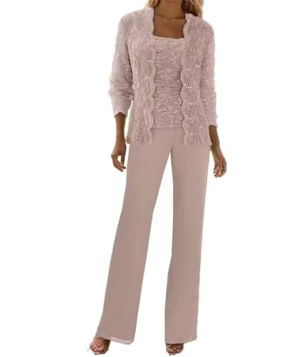 Image of 3 Pieces Chiffon Lace Mother of The Bride Pant Suits with Jackets Sequins Wedding Guest Dresses for Women