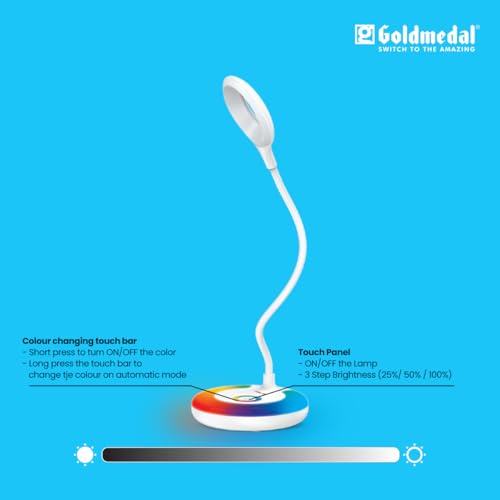 Image of Goldmedal Glow Desk 02 Portable Table Lamp with 5W LED Bulb| Touch Panel Switch | >0.5 Power Factor | Powering Lamp with USB Charger for Study Areas, Bedrooms, Living Rooms| Pack of 1