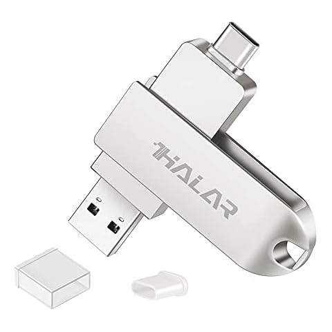 THKAILAR 64GB USB-C Flash Drive and USB 3.0, 2 in 1 USB A to USB C Thumb Drive, Memory Stick Dual Ports with Key Chain for Android Phone, MacBook Pro, PC External Storage(Metal, Silver) Cover