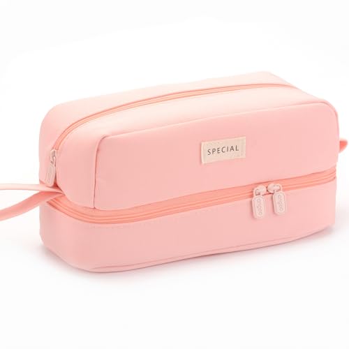 Image of Large Capacity Canvas Special Pencil Case Organizer With 2 Compartments, Big Cute School Aesthetic Pencil Pouch For Girls Boys Women Students Adults, Pen Pouch Bags With Zipper (Pink)