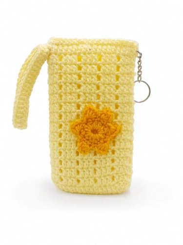Image of Handmade Crochet Mobile Pouch for Women & Girls | Knitted Phone Holder with Wrist Strap | Cute Floral Aesthetic Mobile Cover Case | Soft Yarn Handmade Gift (Yellow)