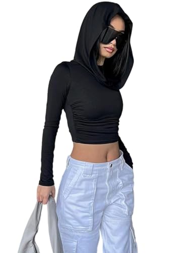 Womens Fashion Y2K Street Wear Grunge Hooded Long Sleeve Crop Tops T Shirt2