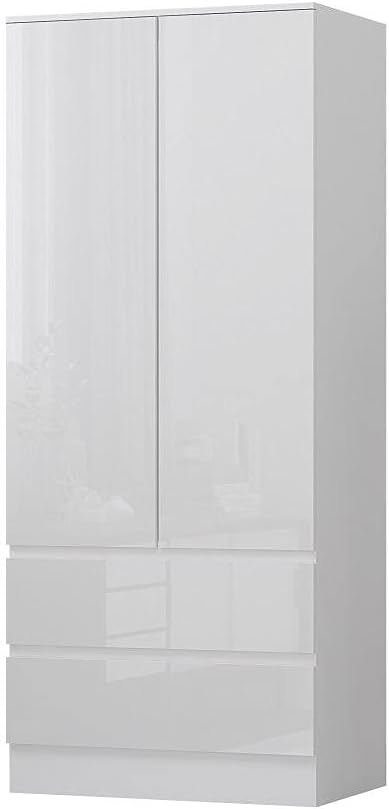FWStyle White Gloss 2 Door 2 Drawer Combination Wardrobe with Matt White Frame, Modern Scandinavian No Handle Design, Soft Close Hinges, Hanging Rail, W80 x D50 x H181cm