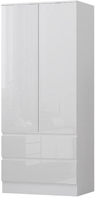 FWStyle Modern Scandinavian 2 Door 2 Drawer Combination Wardrobe White Gloss No Handles Soft Close