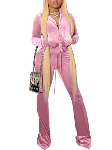 Chatinction Women's 2 Piece Outfit Velour Zip Up Crop Jacket and Bell Bottoms Long Pants with Pockets Tracksuit Set