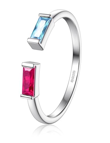 FIBO STEEL S925 Sterling Silver Birthstone Rings for Women Non Tarnish Dainty Stackable Rings Adjustable Emerald Green Gemstone Baguette CZ Wedding Engagement Promise Ring for Her Birthday Jewelry Gifts July December