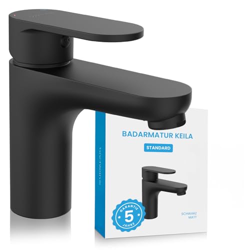Bächlein Badarmatur Keila in klassischem Design, Einhebelmischer mit langlebiger Keramikkartusche und Montage-Set, Bad Wasserhahn Matt Schwarz - klassisch