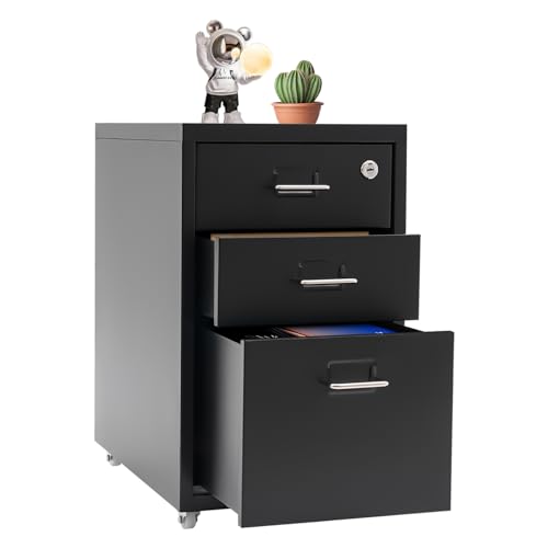 HZOPUTLH 3-Drawer Mobile File Cabinet with Lock, Metal Under Desk File Cabinet with Wheel, Locking Vertical File Cabinet Rolling Office Cabinets for Home Office (Black)