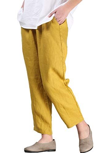 FTCayanz Donna Cropped Pantaloni Larghi Estivi Casual Pantalone in Lino Giallo L