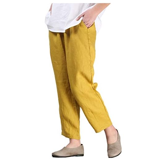Mallimoda Donna Cropped Pantaloni Larghi Estivi Casual Pantalone in Lino Giallo XL