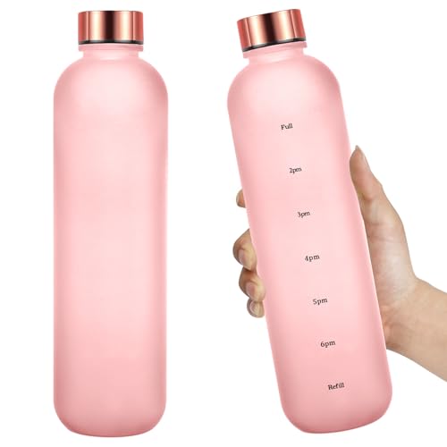 Botella de agua deportiva motivacional de 34 onzas/1000 ml; botella de agua con marca de tiempo de bebida; botella de agua deportiva a prueba de fugas; material Tritan; sin BPA; con medidas; con