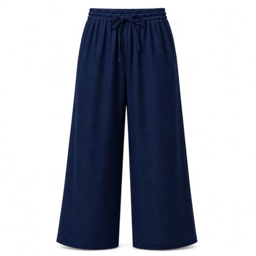 Image of Women Linen Wide Leg Pants High Waist Drawstring Elastic Waist Trousers Breathable Lightweight Summer Palazzo Pants Casual Travel Lounge Wear with Pockets