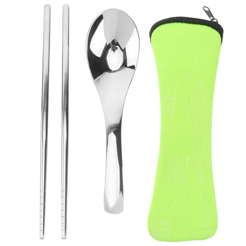 Warmhm Edelstahl Besteckset Tragbar Löffel Essstäbchen Set Mit Aufbewahrungstasche Für Camping Picknick Reise Alltag Grün Silber