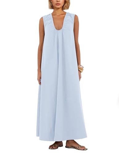 Image of Women Flowy Maxi Dress Ruched Sleeveless Long Dress Vacation Fashion Summer Casual Loose fit Sundress with Pockets Size XS Blue