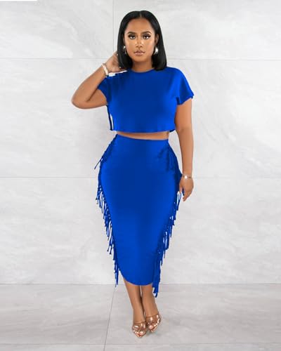 Image of YUEWOO 2 Piece Outfits for Women Sexy Crop Top Ruched Bodycon Maxi Dresses Fringe Skirt Sets Night Club Jumpsuits