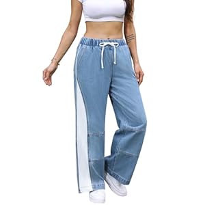 ONESO Women’s Wide Leg Jeans Low Rise, Drawstring Elastic Waist Two Tone Jeans, Loose Fit Denim Pants Patchwork Baggy Jean
