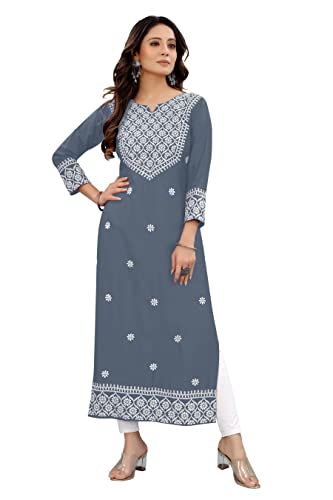 Image of Women's Rayon Embroidered Straight Kurti Under 499 Designer Attractive Look Women's Kurta