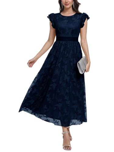 Image of Women's Casual Tulle Midi Dress Ruffle Sleeve Crewneck Lace Flowy Dresses Party Wedding Guest Sundress
