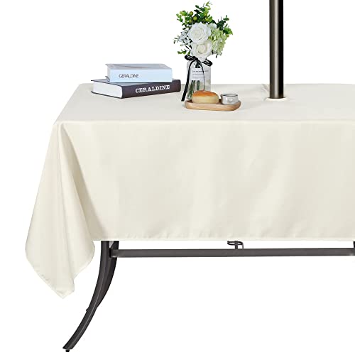 SARAFLORA Outdoor and Indoor Tablecloth -60x84 inch Beige Wrinkle Free Washable Waterproof Table Cloth with Umbrella Hole and Zipper Rectangle Table Cover for Spring/Summer/Patio/Picnic/BBQS/Party