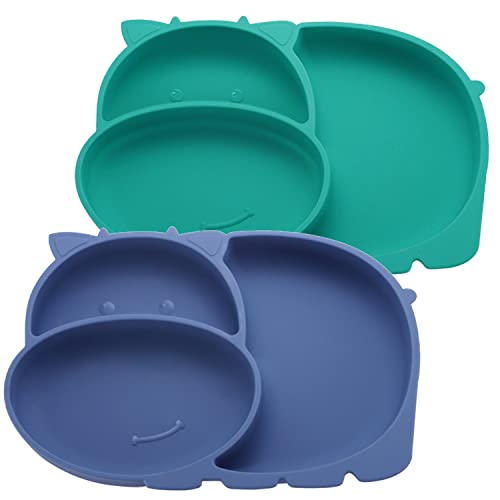 Image of LongDear Suction Plates for Baby,Toddler Plates with Suction,Silicone Divided Kids Placemat Fits Most Highchair Trays (Blue & Green)