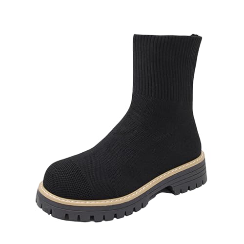 Bottines tricot élastique bout rond pour femme à talon épais