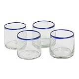 NOVICA Artisan Handmade Recycled Glass Juice Glasses with Blue Rims Set of 4 Clear Guatemala Tableware Drinkware Handblown [ 3.1in H x 2.9in Diam. 8 Oz.] ' Ocean Rim' Set of 4