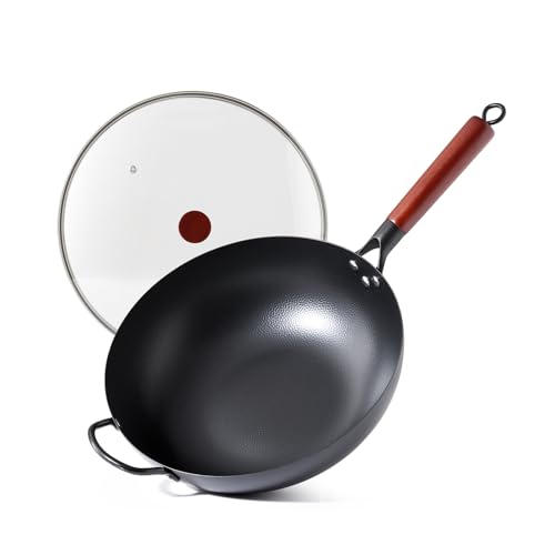 Kordisen 32 cm Wok aus Kohlenstoffstahl mit Deckel flacher Boden natürlich antihaftbeschichtet geeignet für Induktion Gas und Elektroherd großes Fassungsvermögen für 36 Personen
