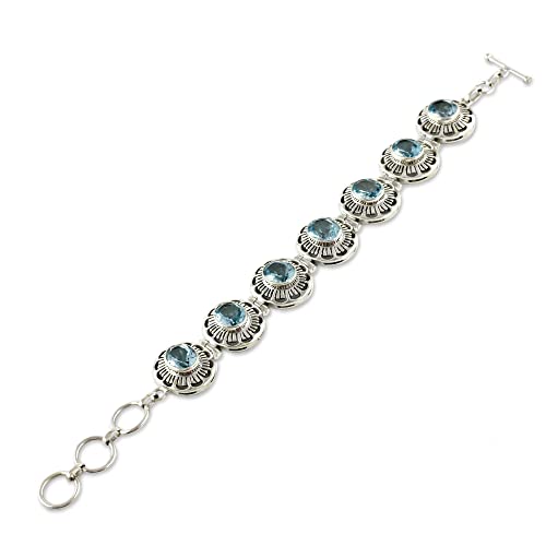 Novica Handmade Topaz Flower Bracelet Sterling Silver Blue Women's Jewelry Link India Birthstone [7 In Min L X 8.25 In Max L 20 Mm W] ' Sky Blossom' #TOP1