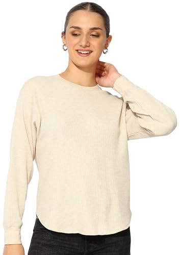 Image of Alan Jones Clothing Women's 100%Cotton Relaxed Fit Waffle Crew Neck Long Sleeve T-Shirt