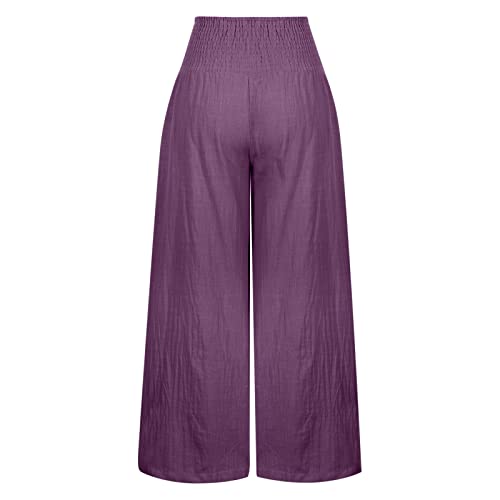 Womens Summer Cotton Linen Palazzo Pants High Waisted Wide Leg Stright Trousers Loose Soft Lounge Beach Pants #TOP3