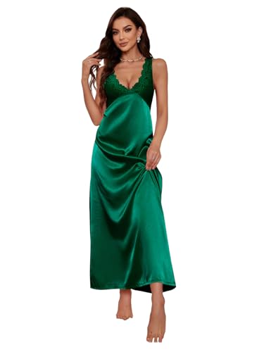 Image of WDIRARA Women's Satin Sleepwear Nightgown | Lace, Backless, Deep V Neck, Sleeveless, Long