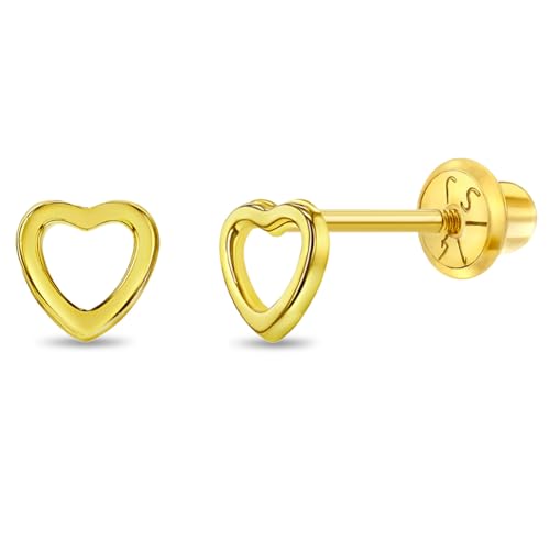 14k Yellow Gold Young Girls Tiny 5mm Open Heart Screw Back Earrings for Children - Simple * Classic Heart Earrings with Safety Screw Locking Backs - Little Heart Earrings for Toddlers