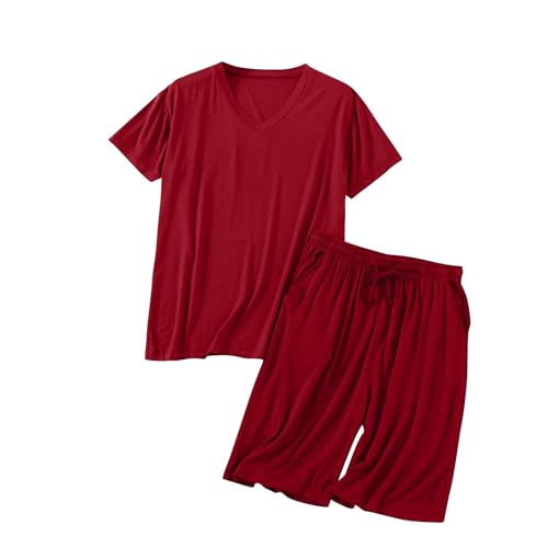 Men's Modal Short Sleeve Sleepwear Sets Casual Fashion V Neck Top and Shorts 2 Piece Loungewear Soft Pajama Set