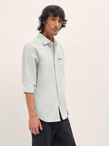 Image of THE BEAR HOUSE Men's Blue Tailored Fit Full Sleeve Cotton Solid Shirt