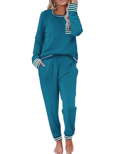 Ekouaer Pajamas Women's Long Sleeve Pj Set Soft 2 Piece Loungewear Sleepwear with Jogger Pants Blue Green,M