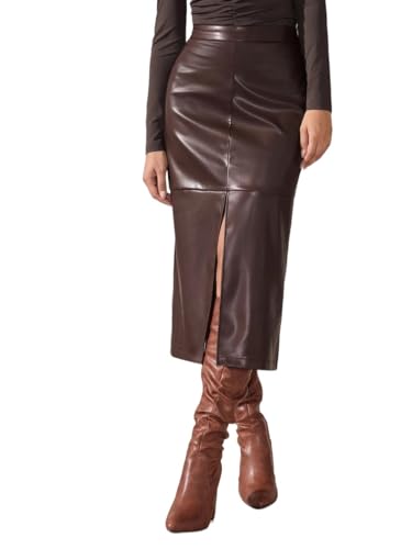 High Slit PU Leather Midi Skirt Women's Fall Winter Vintage