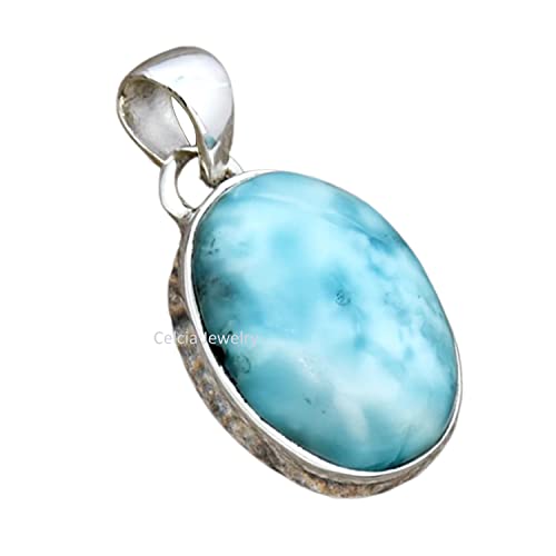 Pendentif en argent sterling 925 massif pour hommes femmes, cabochon de larimar bleu naturel pierre précieuse ovale incroyable bijoux artisanaux pour elle lui