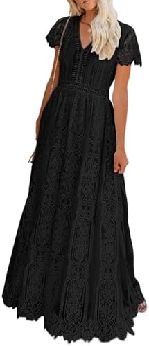 MEROKEETY Women's 2026 V Neck Short Sleeve Floral Lace Wedding Dress A Line Boho Bridesmaid Cocktail Party Maxi Dress, Black, Small