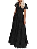 MEROKEETY Women's 2026 V Neck Short Sleeve Floral Lace Wedding Dress A Line Boho Bridesmaid Cocktail Party Maxi Dress, Black, Medium