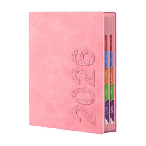 VSGWENQ 手帳 2026年 1月始まり デイリーノート A5サイズ 1日1ページ 400ページ 防水防汚加工 ビジネスプランナー システム手帳 糸綴じ製本 80g厚紙 索引切り取り(ピンク A5 (145×210×23mm))