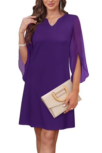 RUMIA Cocktail Dresses for Women Flutter 3/4 Sleeve V Neck Wedding Guest Dress Purple L