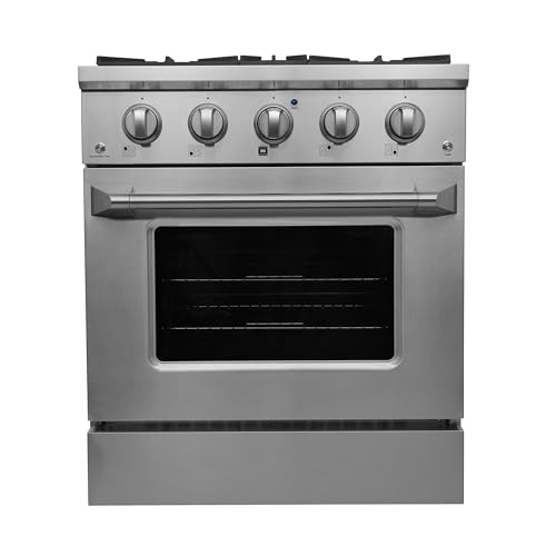 Gas Range with 4 Burner Cooktop Freestanding with Porcelain Convection Oven and Broil Function, Continuous Grates with Stainless Steel Construction, 30-Inch, Metallic