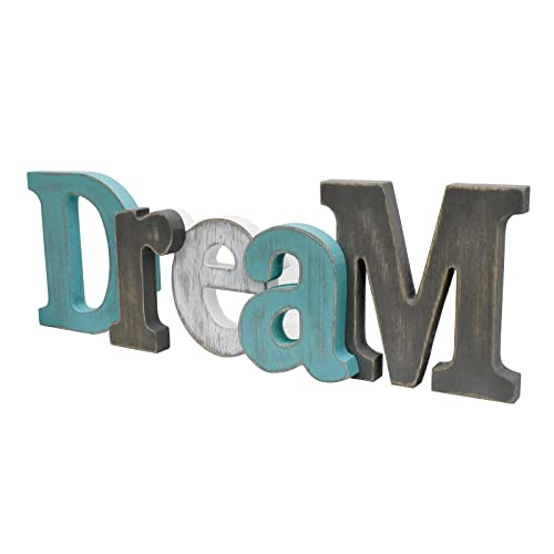 Wooden Dream Sign Decor Aqua Hanging Block Letters Sign Rustic Free Standing Decorative Wooden Letters For Wall Decor Cutout Letters Wooden Word Signs Home Signs Shelf Decor (Dream) #TOP4