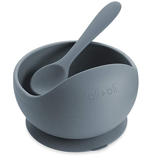 Image of Ali+Oli Silicone Suction Bowl and Spoon Set (Iron, Original) - Unbreakable Suction Bowls for Baby 6 Months and Up, Self Feeding Baby Utensils, First Stage Baby Feeding Supplies