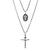 Steve Madden Men's Oxidized Crucifix and French Religious Charm Pendant Double Strand Chain Necklace Set in Stainless Steel, Silver, 28